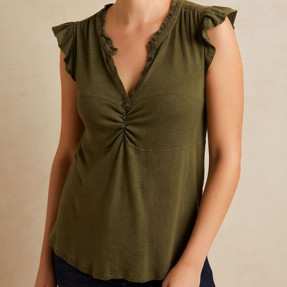 Anthropologie Pilcro Olive Green Ruffle Sleeve Henley Tank Top Size Medium - Picture 1 of 9